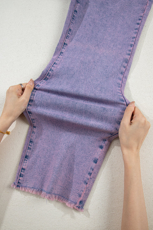 Vintage Acid Wash High Rise Raw Hem Kick Flare Cropped Jeans